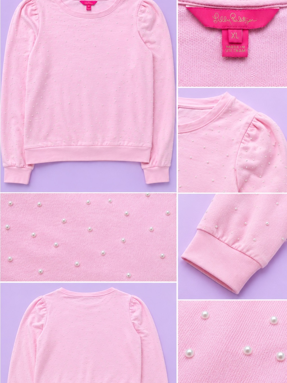 Lilly Pulitzer SIZE XL White Seed Pearl Light Pink Puff Sleeve Sweatshirt 🎀🩷💕🌷🌸